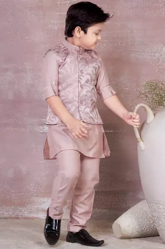 onion pink self design viscose kurta pyjama and jacket set for boys