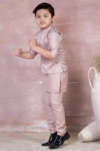 onion pink self design viscose kurta pyjama and jacket set for boys