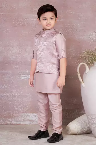 onion pink self design viscose kurta pyjama and jacket set for boys