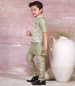 green self design viscose kurta pyjama and jacket set for boys