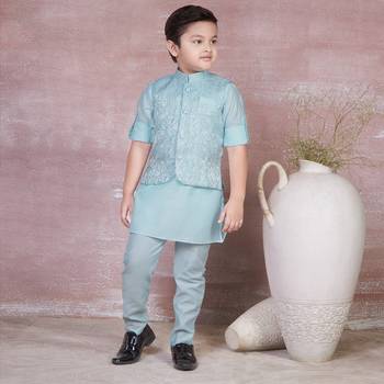 sky blue self design viscose kurta pyjama and jacket set for boys 1
