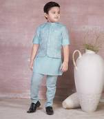 sky blue self design viscose kurta pyjama and jacket set for boys