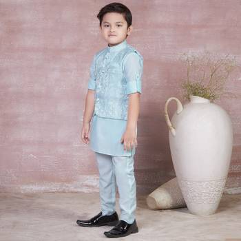 sky blue self design viscose kurta pyjama and jacket set for boys 2