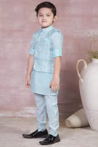 sky blue self design viscose kurta pyjama and jacket set for boys