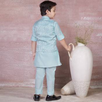 sky blue self design viscose kurta pyjama and jacket set for boys 3