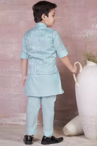 sky blue self design viscose kurta pyjama and jacket set for boys