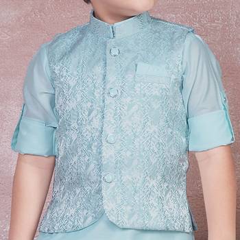 sky blue self design viscose kurta pyjama and jacket set for boys 4