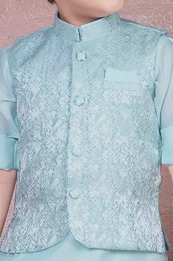 sky blue self design viscose kurta pyjama and jacket set for boys