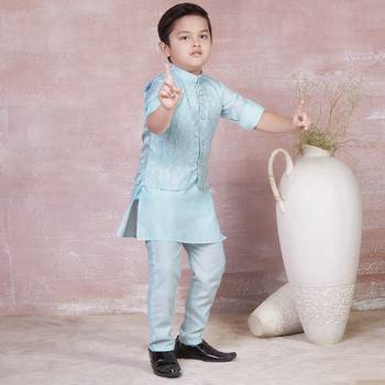 sky blue self design viscose kurta pyjama and jacket set for boys 5