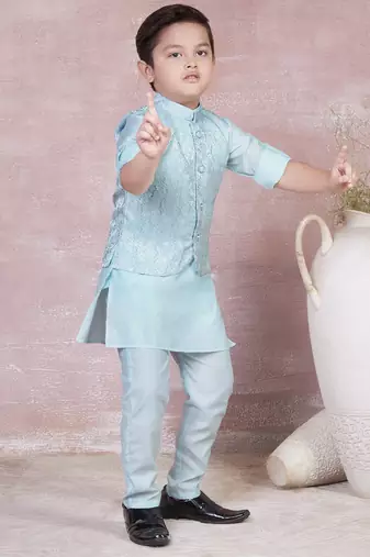 sky blue self design viscose kurta pyjama and jacket set for boys