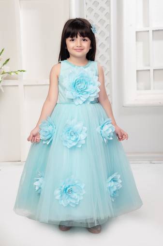 blue all over flower applique net gown for girls