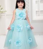blue all over flower applique net gown for girls