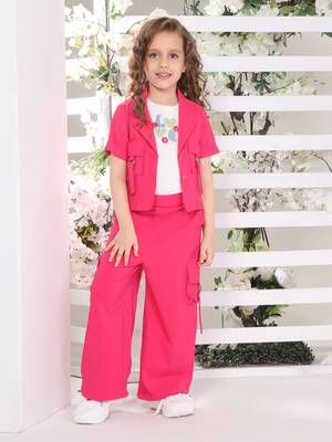 fuchsiapink half sleeves embriodered  with solid jacket coord set 1
