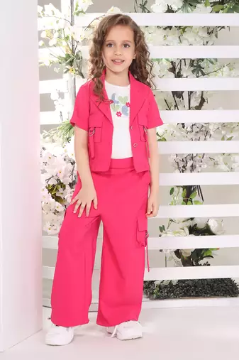 fuchsiapink half sleeves embriodered  with solid jacket coord set