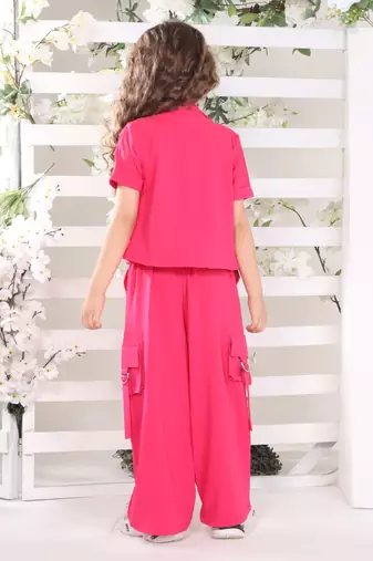 fuchsiapink half sleeves embriodered  with solid jacket coord set