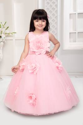 pink all over flower applique net gown for girls 1