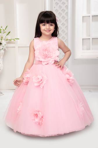 pink all over flower applique net gown for girls