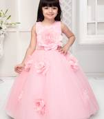 pink all over flower applique net gown for girls