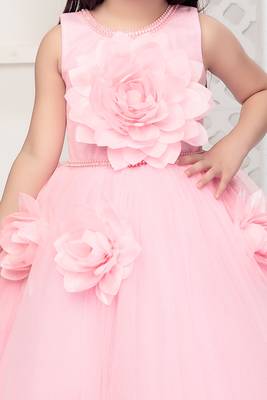 pink all over flower applique net gown for girls 2