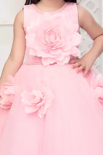 pink all over flower applique net gown for girls