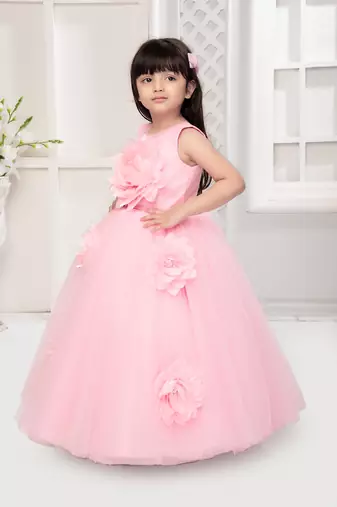 pink all over flower applique net gown for girls