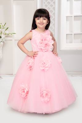 pink all over flower applique net gown for girls 4