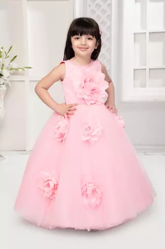 pink all over flower applique net gown for girls