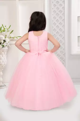 pink all over flower applique net gown for girls