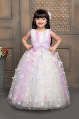 white all over butterfly applique net gown with bow for girls 1