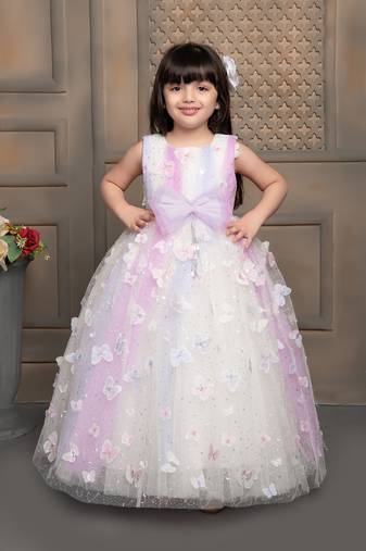 white all over butterfly applique net gown with bow for girls