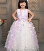 white all over butterfly applique net gown with bow for girls