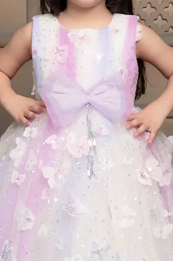 white all over butterfly applique net gown with bow for girls