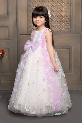 white all over butterfly applique net gown with bow for girls 3
