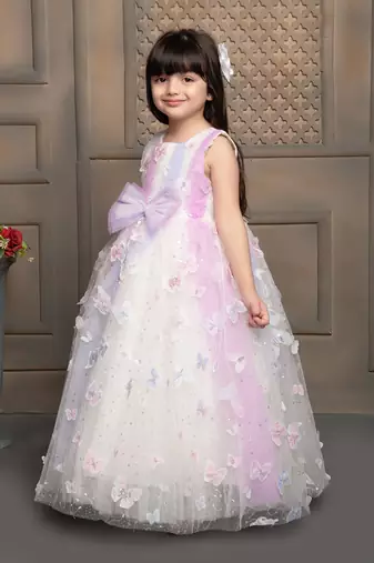white all over butterfly applique net gown with bow for girls