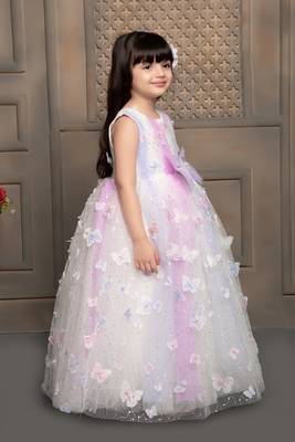 white all over butterfly applique net gown with bow for girls 4