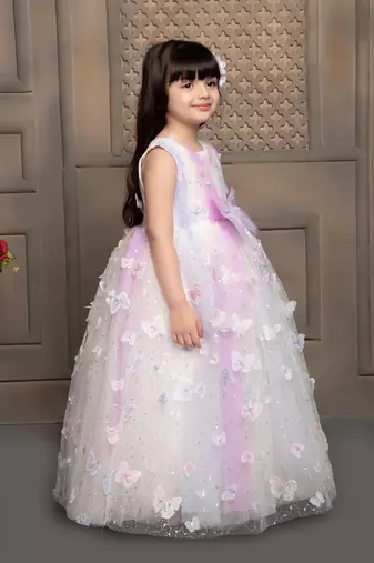 white all over butterfly applique net gown with bow for girls