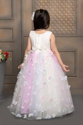 white all over butterfly applique net gown with bow for girls 5