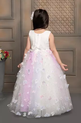 white all over butterfly applique net gown with bow for girls