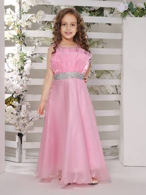 Line silver studded belt organza gown for girls pink a 1