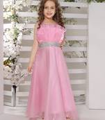 Line silver studded belt organza gown for girls pink a