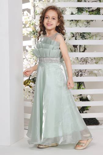 Line silver studded belt organza gown for girls seagreen a
