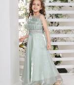 Line silver studded belt organza gown for girls seagreen a