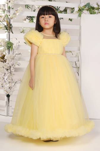 yellow pleated yoke gown with gather puff sleeve net gown for girls