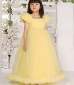 yellow pleated yoke gown with gather puff sleeve net gown for girls