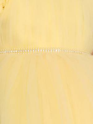 yellow pleated yoke gown with gather puff sleeve net gown for girls 2