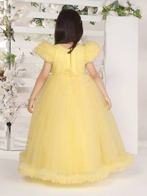 yellow pleated yoke gown with gather puff sleeve net gown for girls 3