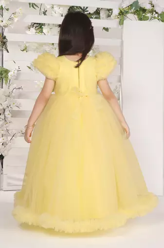 yellow pleated yoke gown with gather puff sleeve net gown for girls
