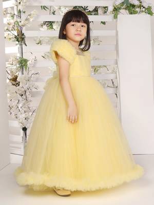yellow pleated yoke gown with gather puff sleeve net gown for girls 4