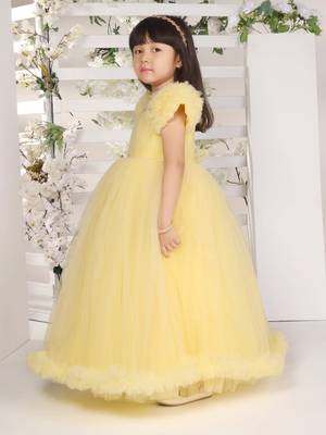 yellow pleated yoke gown with gather puff sleeve net gown for girls 5
