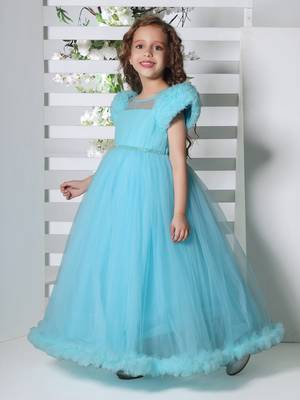 blue pleated yoke gown with gather puff sleeve net gown for girls 1